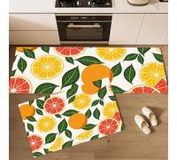 GDJSMIN Set Di 2 Tappeto Cucina - Impermeabile - Antiscivolo - Antimacchia - Lavabili - Tappetini Da Tema Frutta - Per Corridoio Cucina - Fantasie Di Arancia E Pompelmo - Giallo - 44×70Cm+44×120Cm