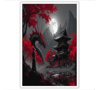 GDJSMIN Stampe Artistiche Da Parete Con Drago Dell'Antico Tempio Samurai, Stampe Su Tela Di Paesaggio Oscuro Giapponese Per Casa Soggiorno Camera Da Letto, Senza Cornice,Nero E Rosso, 50×70 Cm