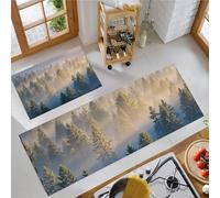 GDJSMIN Stile Naturale E Tranquillotappetini Da Cucina, Set Di 2 Tappetini Da Cucina,Alba Paesaggio Della Pineta Tappeti Antiscivolo E Assorbenti D'Acqua, 45×75Cm+45×150Cm,Verde