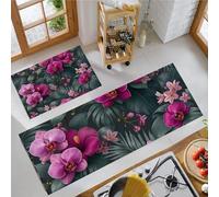 GDJSMIN Tappetini Da Cucina 2 Pezzi,Fiori Tropicalitappeto Cucina Antiscivolo,Elementi Orchidea E Foglie Palma Antiscivolo Tappeti Da Cucina, Lavabile, Adatto,Rosa, 44×70Cm+44×120Cm