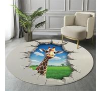 GDJSMIN Tappeto Buco Nel Muro Incrinato 3D 160Cm, Rotondo A Pelo Lungo, Con Giraffa Animale, Lavabile, Cerchio Extra Morbido,Per Camera Da Letto,Sala Da Pranzo,Cameretta Dei Bambini,Avorio