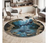 GDJSMIN Tappeto Buco Nel Muro Realistico 140Cm, Rotondo A Pelo Lungo, Con Squalo Oceanico, Lavabile, Cerchio Extra Morbido,Per Camera Da Letto,Sala Da Pranzo,Cameretta Dei Bambini,Blu