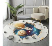 GDJSMIN Tappeto Design A Tema Spaziale 60Cm, Rotondo A Pelo Lungo, Con Stelle Buco Nel Muro, Lavabile, Cerchio Extra Morbido,Per Camera Da Letto,Sala Da Pranzo,Cameretta Dei Bambini,Bianco