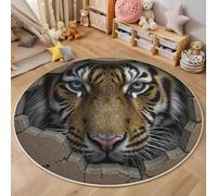 GDJSMIN Tappeto Illusione Ottica 3D 200Cm,Rotondo A Pelo Lungo Con Tigre Nel Buco Nel Muro,Lavabile Cerchio Extra Morbido Per Sala Da Pranzo,Cameretta Dei Bambini,Marrone