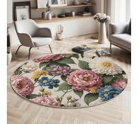GDJSMIN Tappeto Illustrazioni Botaniche D'Epoca,160Cm,Fiori Naturali Stampe Di Piante Verdi Con Stampa Lavabile,Cerchio Extra Morbido Per Camera Da Letto Sala Da Pranzo Cameretta Dei Bambini, Rosa