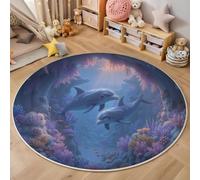 GDJSMIN Tappeto Paesaggio Di Grotte Oceaniche 120Cm,Rotondo A Pelo Lungo Con Delfini Pesci Elementi Corallini,Lavabile Cerchio Extra Morbido Per Sala Da Pranzo,Cameretta Dei Bambini,Blu