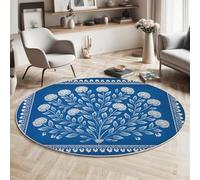 GDJSMIN Tappeto Rotondo da 80cm, Stampa Su Legno Indiana Tappeto per Soggiorno,Blu, Motivo A Foglie E Fiori Bianchi, Lavabile, Tapette Circolare per Soggiorno, Camera da Letto, Cucina, Corridoio