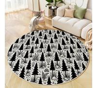 GDJSMIN Tappeto Rotondo Foresta Minimalista Nordica, Lavabile A Pelo Corto, Antiscivolo Per Sala Da Pranzo, Camera Da Letto,Moderno Con Alberi E Felci (Bianco E Nero, 140Cm)
