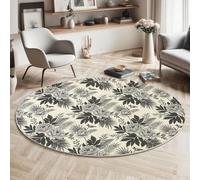 GDJSMIN Tappeto Rotondo Modello Pianta, Lavabile A Pelo Corto, Antiscivolo Per Sala Da Pranzo, Camera Da Letto,Moderno Con Peonia Foglie Palma (Grigio, 200Cm)