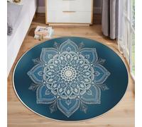 GDJSMIN Tappeto Rotondo Stile Boemo Per Soggiorno, Lavabile In Lavatrice, Antiscivolo, Pelo Corto | Tappeto Modello Mandala Per Salotto E Camera Da Letto,100Cm, Azzurro Chiaro