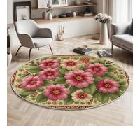 GDJSMIN Tappeto Salotto Rotondo Grande Pelo Corto, Illustrazioni Botaniche E Floreali Grandi Antiscivolo Tondo Moquette,Motivi Floreali Indiani Bambini Camera,Domestica Decor Tappeti (60Cm,Verde)