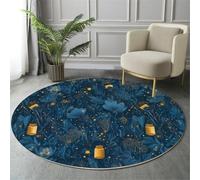 GDJSMIN Tappeto Scena Da Giardino,180Cm,Foglie Di Piante Disegno Di Lucciola Con Stampa Lavabile,Cerchio Extra Morbido Per Camera Da Letto Sala Da Pranzo Cameretta Dei Bambini, Blu