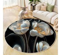GDJSMIN Tappeto Stile Rilievo 3D 200Cm,Rotondo A Pelo Lungo Con Petali Di Tulipano Bianco,Lavabile Cerchio Extra Morbido Per Sala Da Pranzo,Cameretta Dei Bambini,Nero
