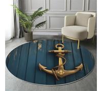 GDJSMIN Tappeto Tema Nautico 100Cm, Rotondo A Pelo Lungo, Con Ancora Di Legno, Lavabile, Cerchio Extra Morbido,Per Camera Da Letto,Sala Da Pranzo,Cameretta Dei Bambini,Blu Navy