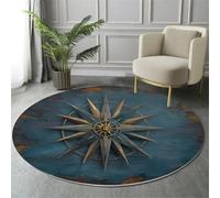 GDJSMIN Tappeto Tema Nautico 120Cm, Rotondo A Pelo Lungo, Con Modello Bussola Vintage, Lavabile, Cerchio Extra Morbido,Per Camera Da Letto,Sala Da Pranzo,Cameretta Dei Bambini,Blu