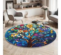 GDJSMIN Tappeto Vetrate Artistiche,80Cm,Alberi Rigogliosi Con Stampa Lavabile,Cerchio Extra Morbido Per Camera Da Letto Sala Da Pranzo Cameretta Dei Bambini, Blu