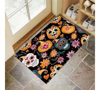GDJSMIN Tappeto, zerbino con Motivo Del Giorno Dei Morti per tutte le stagioni, facile da pulire, per patio veranda ingresso casa ingresso esterno cortile (60 x 90 cm, Motivi Con Teschi E Zucche)
