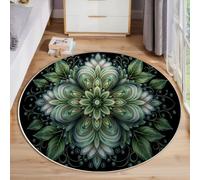 GDJSMIN Verde Tappeto Stile Mandala Rotondo 100Cm Tappeto Elementi Floreali A Forma Di Foglie Per Soggiorno Tappeti Lavabile Antiscivolo Per Soggiorno Camera Da Letto Ufficio Area Decor