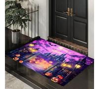 GDJSMIN Zerbino Lanterna A Forma Castello Zucca, Zerbino Di Benvenuto Fantasia Oscura Per Esterni Ingresso Interno, Antiscivolo Tappeto Da Decorazioni Viola Brillante, 90 X 150 Cm