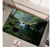 GDJSMIN Zerbino Paesaggio Ruscello Rocce Ricoperte Muschio, Zerbino Benvenuto Paesaggio Forestale Misterioso Per Esterni Ingresso Interno, Antiscivolo Tappeto Da Decorazioni Verde Oliva, 60 X 90 Cm