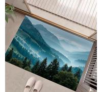 GDJSMIN Zerbino Per Porta D'Ingresso Foresta Densa Nuvole E Nebbia, 60 X 90 cm A Basso Profilo,Tappeto Morbido Antiscivolo, Per Animali Domestici Cucina Interni Decorazione, Blu-Verde