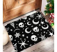GDJSMIN Zerbino Per Porta D'Ingresso Motivi Con Simboli A Teschio E Stella, 60 X 90 cm A Basso Profilo,Tappeto Morbido Antiscivolo, Per Animali Domestici Cucina Interni Decorazione, Nero Bianco