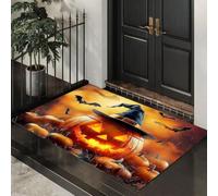 GDJSMIN Zerbino Strana Lanterna A Forma Zucca, Zerbino Di Benvenuto Halloween Oscuro Per Esterni Ingresso Interno, Antiscivolo Tappeto Da Decorazioni Giallo Scuro, 80 X 120 Cm