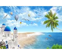 gdkldfg Carta Da Parati Moderna 350x250cm Natura Blu Bianco Cielo Nuvola Oceano Spiaggia Architettura,Poster Wallpaper,Seta Carta Parati,Decorazioni Parete Camera Da Letto Soggiorno