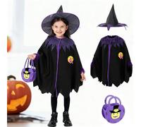 GDLOKFU Costume Strega Bambina Halloween, Mantello Strega Nero e Viola con Cappello e Borsa Pipistrello, Costume Halloween Bambina Ragazze per Carnevale Cosplay e Feste a Tema, Taglia 90-140 cm
