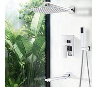 GDMDPTE Set Composto da Rubinetto da Bagno a Parete Cromato da 20 cm e soffione Doccia a Pioggia, Miscelatore a 3 Vie per Vasca, Sistema Doccia di Lusso per Vasca da Bagno, Accessori Essen
