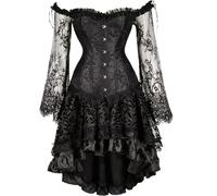 Gdqzzeaiix Halloween Costume Donna,Abito corsetto in velluto mezzanotte con pizzo maniche lunghe e gonna in rete trasparente elegante costume gotico per feste e rievocazioni storiche