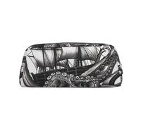 GDSHJKLW Astuccio in pelle nera e bianca con polpo e nave, astuccio per penne di grande capacità, borsa per il trucco con cerniera, per donne e uomini, borsa da toilette da viaggio, borsa cosmetica