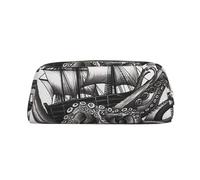 GDSHJKLW Astuccio in pelle nera e bianca con polpo e nave, astuccio per penne di grande capacità, borsa per il trucco con cerniera, per donne e uomini, borsa da toilette da viaggio, borsa cosmetica