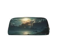 GDSHJKLW Astuccio in pelle Sea Moon di grande capacità, astuccio per penne, borsa per il trucco con cerniera, per donne e uomini, borsa da viaggio impermeabile, borsa per cosmetici ampia aperta