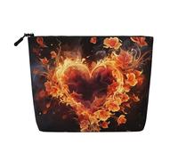 GDSHJKLW Borsa da trucco in lino per donne, organizer da viaggio impermeabile per cosmetici, leggera, con cerniera, organizer per cosmetici con fiori di fuoco e cuore borsa per pennelli da trucco