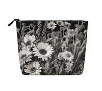 Gdshjklw Borsa da trucco in lino per donne, organizer da viaggio impermeabile per cosmetici, leggera, con cerniera, organizer per articoli da toeletta da viaggio con fiori bianchi e neri, borsa per