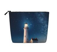 Gdshjklw Borsa da trucco in lino per donne, organizer da viaggio impermeabile per cosmetici, leggera, con cerniera, organizer per cosmetici con faro sotto cielo stellato notte stellata borsa per