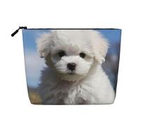 Gdshjklw Borsa da trucco in lino per donne, organizer da viaggio impermeabile per cosmetici, leggera, con cerniera, organizer per pennelli da trucco con cane Bichon Frise