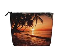 GDSHJKLW Borsa da trucco in lino per donne, organizer da viaggio impermeabile per cosmetici, leggera, con cerniera, organizer per pennelli da trucco al crepuscolo, tropicale, spiaggia, palma, borsa