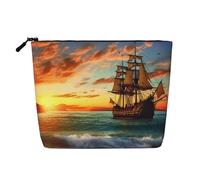 Gdshjklw Borsa da trucco in lino per donne, organizer da viaggio impermeabile per cosmetici, leggera, con cerniera, borsa da toilette organizer per pennelli da trucco con nave pirata al tramonto