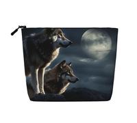 Gdshjklw Borsa da trucco in lino per donne, organizer da viaggio impermeabile per cosmetici, leggera, con cerniera, borsa da toilette organizer per pennelli da trucco con lupi al chiaro di luna