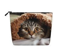 Gdshjklw Borsa per il trucco in lino per donne, organizer da viaggio impermeabile per cosmetici, leggera, con cerniera, organizer per articoli da toeletta da viaggio con gatto sotto la coperta per