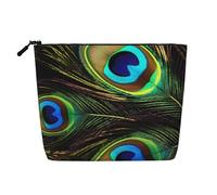 Gdshjklw Borsa per il trucco in lino per donne, organizer da viaggio impermeabile per cosmetici, leggera, con cerniera, organizer da viaggio con piume di pavone, borsa per pennelli da trucco