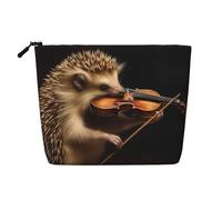 GDSHJKLW Borsa per il trucco in lino per donne, organizer da viaggio impermeabile per cosmetici, leggera, con cerniera, organizer per cosmetici con animali, riccio, musica, violino e pennelli da