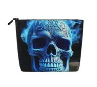 GDSHJKLW Borsa per il trucco in lino per le donne, organizer da viaggio impermeabile per cosmetici, leggera, con cerniera, borsa da toeletta da viaggio organizer con stampa 3D blu teschio borsa per