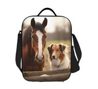GDSHJKLW Collie Dog and Horse Together - Borsa termica per il pranzo, riutilizzabile, a prova di perdite, con tracolla regolabile, per ufficio, lavoro, viaggi, picnic, campeggio