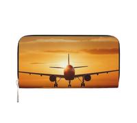 GDSHJKLW Portafoglio da donna con aereo al tramonto, con cerniera intorno, portafoglio in pelle PU per telefono, pochette porta carte, organizer per donne, nero, taglia unica, Nero , Taglia unica