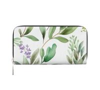 GDSHJKLW Portafoglio da donna con fiori verdi acquerello, erbe, salvia, foglie e rami, con cerniera intorno, portafoglio in pelle PU, pochette per telefono, organizer per carte di credito, per donne e