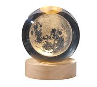 GDWD Sfera di cristallo 3D, luce notturna, scena notturna, lampada a LED con base in legno, ricarica USB, sistema solare pianeta, regalo di compleanno per bambini, decorazione da tavolo (6 cm luna)