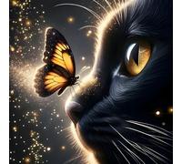 GDYEEH DIY 5D Black Cat Diamond Art Kits, Round Full Drill Sparkling Butterfly Diamond Painting Picture, Kitten Painting by Numbers Art Kits for Adults Beginners Home Wall Decor 12x12 inch